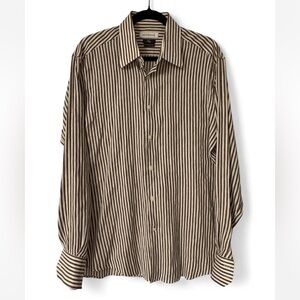 Versace Men's Brown and White Striped Button Down Shirt